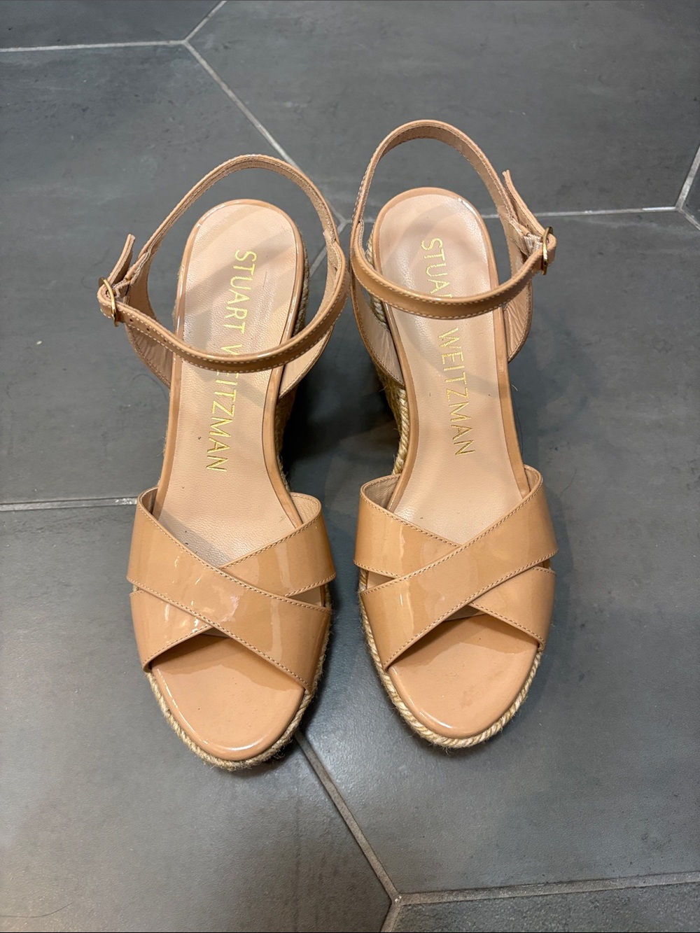 Stuart Weitzman Tan Patent Leather Crisscross Wedge Sandals